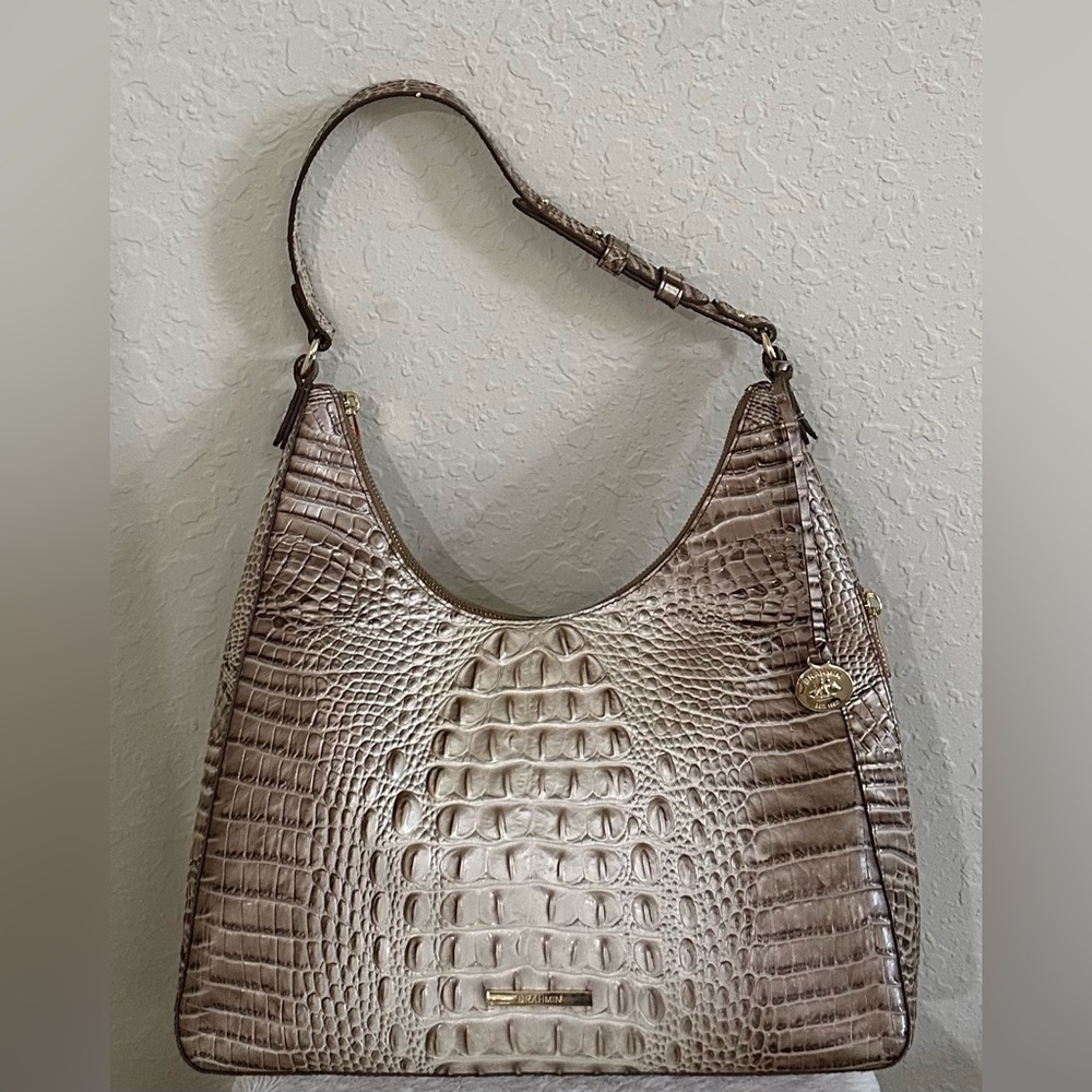 Brahmin Tabitha Croc Embossed Leather Shoulder Bag in Alabaster